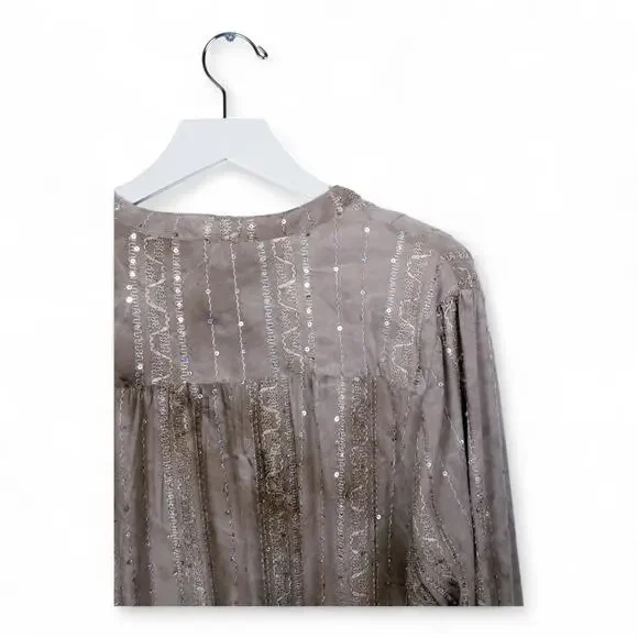 Cocomo V-neck Sequin Tan Tie-Dye Roll-Tab Sleeves Shirt - Size XL - Picture 5 of 6